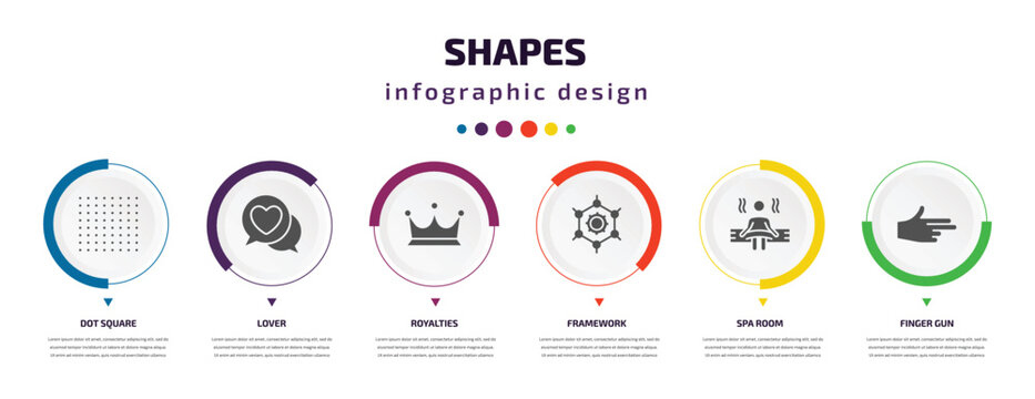 shapes infographic element with icons and 6 step or option. shapes icons such as dot square, lover, royalties, framework, spa room, finger gun vector. can be used for banner, info graph, web,