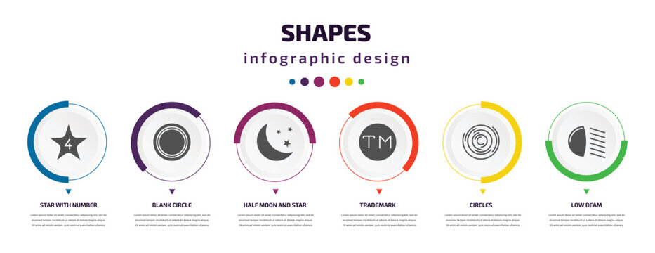 Shapes Infographic Element With Icons And 6 Step Or Option. Shapes Icons Such As Star With Number Four, Blank Circle, Half Moon And Star, Trademark, Circles, Low Beam Vector. Can Be Used For Banner,