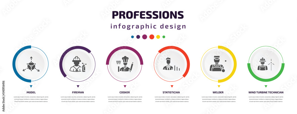 Poster professions infographic element with icons and 6 step or option. professions icons such as model, fi