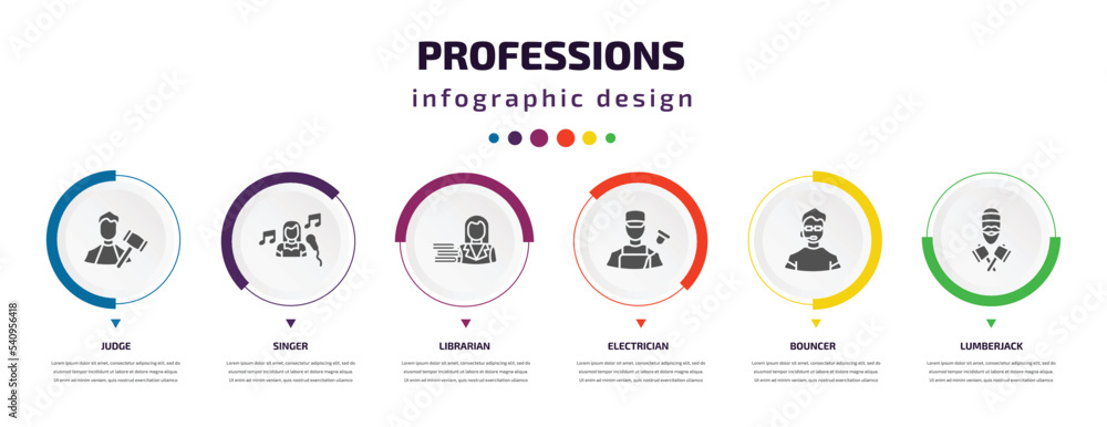 Poster professions infographic element with icons and 6 step or option. professions icons such as judge, si