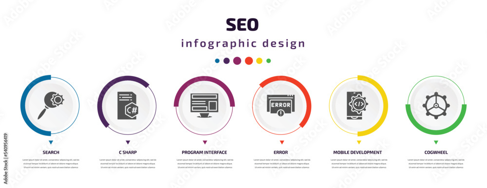 Poster seo infographic element with icons and 6 step or option. seo icons such as search, c sharp, program 