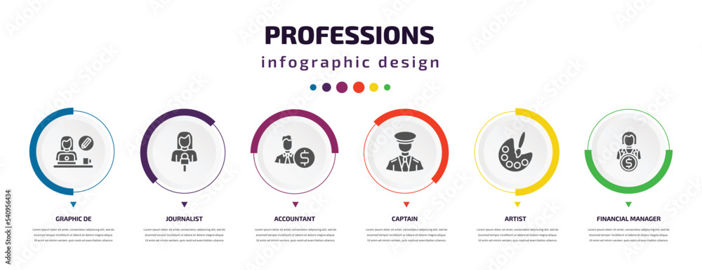 Poster professions infographic element with icons and 6 step or option. professions icons such as graphic d