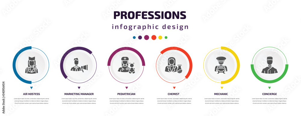 Poster professions infographic element with icons and 6 step or option. professions icons such as air hoste