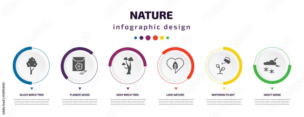 Poster nature infographic element with icons and 6 step or option. nature icons such as black birch tree, f