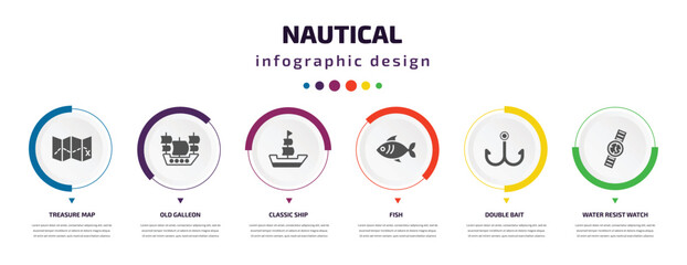 nautical infographic element with icons and 6 step or option. nautical icons such as treasure map, old galleon, classic ship, fish, double bait, water resist watch vector. can be used for banner, - obrazy, fototapety, plakaty