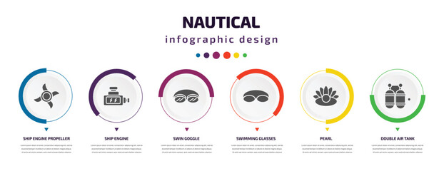 nautical infographic element with icons and 6 step or option. nautical icons such as ship engine propeller, ship engine, swin goggle, swimming glasses, pearl, double air tank vector. can be used for