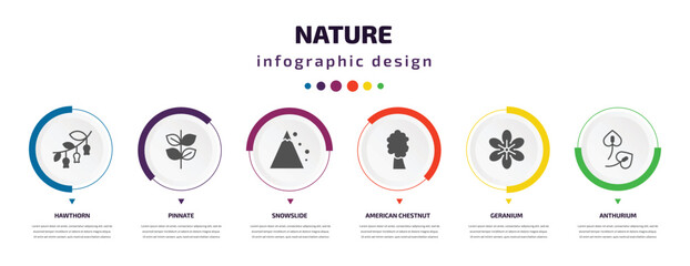 nature infographic element with icons and 6 step or option. nature icons such as hawthorn, pinnate, snowslide, american chestnut tree, geranium, anthurium vector. can be used for banner, info graph,