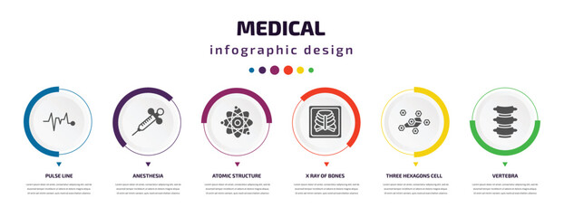 medical infographic element with icons and 6 step or option. medical icons such as pulse line, anesthesia, atomic structure, x ray of bones, three hexagons cell, vertebra vector. can be used for