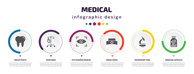 medical infographic element with icons and 6 step or option. medical icons such as molar tooth, perfusion, eye scanner medical, nurse cross, microscope tool, medicine capsules vector. can be used