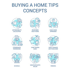 Homebuyer tips turquoise concept icons set. Property purchase recommendations idea thin line color illustrations. Isolated symbols. Editable stroke. Roboto-Medium, Myriad Pro-Bold fonts used