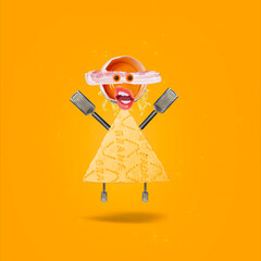 Contemporary art collage. Carbonara pasta theme. Funny graphics on a yellow background.
Character of Parmesan cheese, yolk, graters for cheese and tagiatelle pasta.
Crazy style. Modern food concept. - obrazy, fototapety, plakaty
