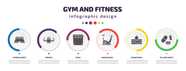 gym and fitness infographic element with icons and 6 step or option. gym and fitness icons such as fitness shorts, protein, scale, exercise bike, hydratation, pill tablet vector. can be used for