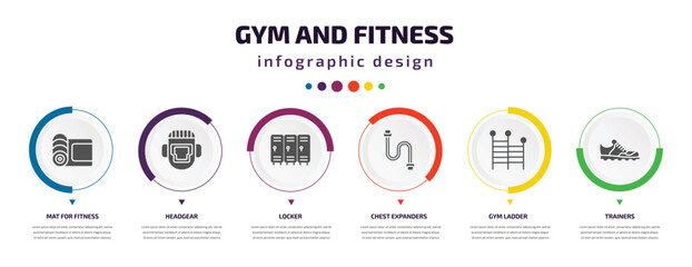 gym and fitness infographic element with icons and 6 step or option. gym and fitness icons such as mat for fitness, headgear, locker, chest expanders, gym ladder, trainers vector. can be used for