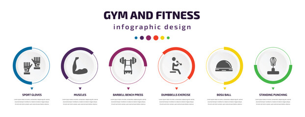 gym and fitness infographic element with icons and 6 step or option. gym and fitness icons such as sport gloves, muscles, barbell bench press, dumbbells exercise, bosu ball, standing punching ball