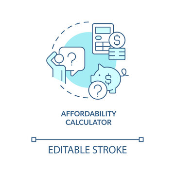 Affordability Calculator Turquoise Concept Icon. Real Estate Purchase. Mortgage Abstract Idea Thin Line Illustration. Isolated Outline Drawing. Editable Stroke. Arial, Myriad Pro-Bold Fonts Used