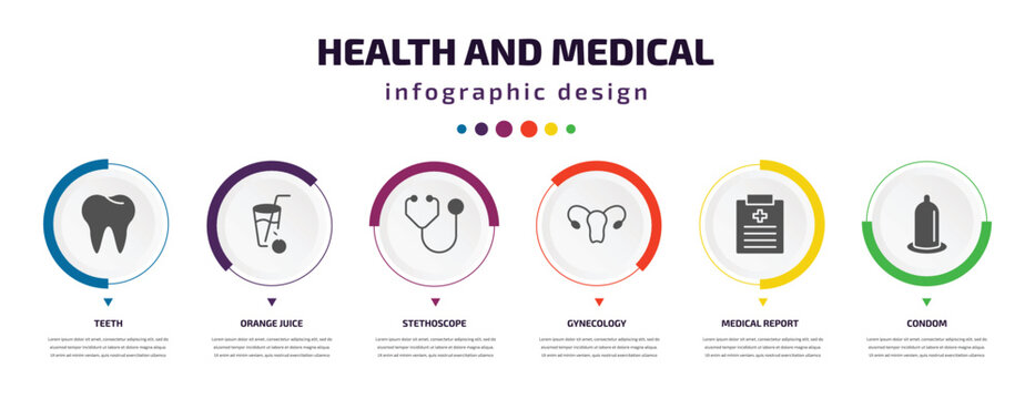 health and medical infographic element with icons and 6 step or option. health and medical icons such as teeth, orange juice, stethoscope, gynecology, medical report, condom vector. can be used for