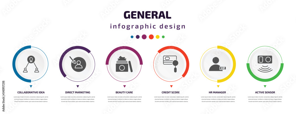 Poster general infographic element with icons and 6 step or option. general icons such as collaborative ide