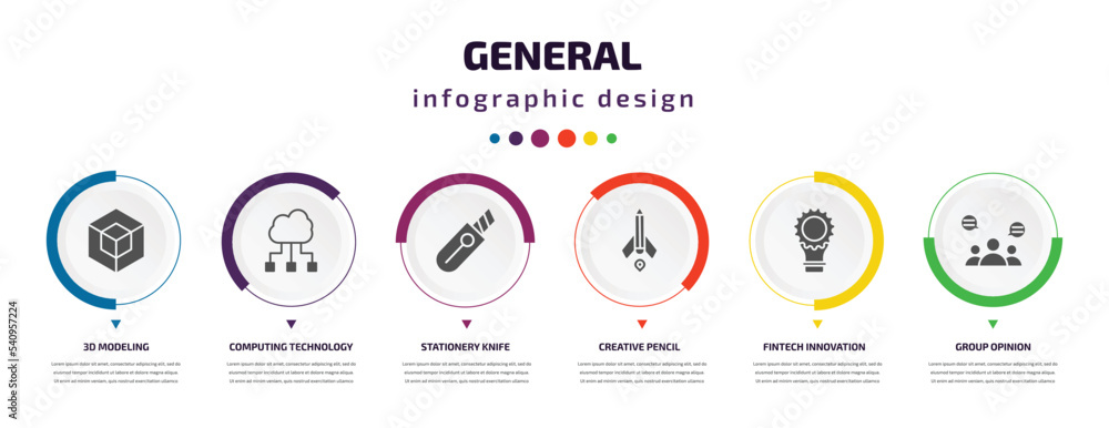Poster general infographic element with icons and 6 step or option. general icons such as 3d modeling, comp