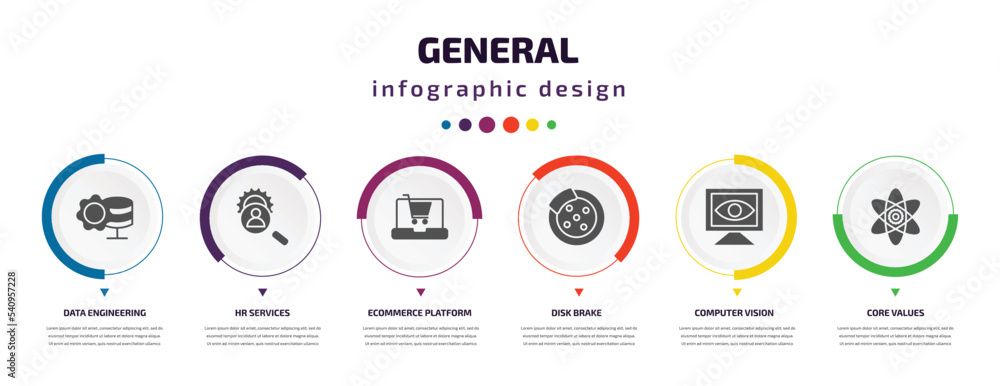Aufkleber general infographic element with icons and 6 step or option. general icons such as data engineering,