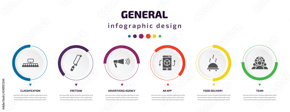 Poster general infographic element with icons and 6 step or option. general icons such as classification, f