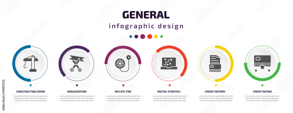 Poster general infographic element with icons and 6 step or option. general icons such as construction cran