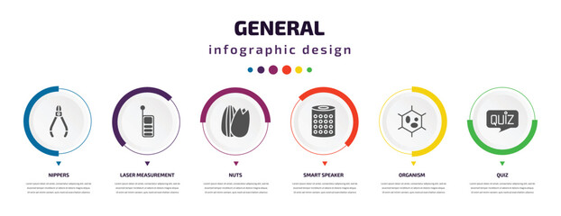 general infographic element with icons and 6 step or option. general icons such as nippers, laser measurement, nuts, smart speaker, organism, quiz vector. can be used for banner, info graph, web,