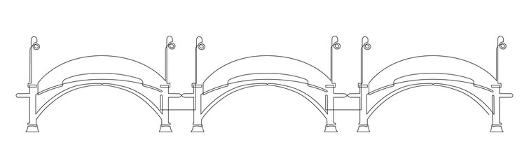 Openwork metal bridge in the medieval style over the river. Lanterns on the bridge.. Continuous line drawing illustration.