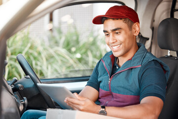 Man, car and tablet for delivery management, ecommerce order or online shopping transport logistics. Smile, happy or courier worker on technology in van for e commerce product or retail distribution