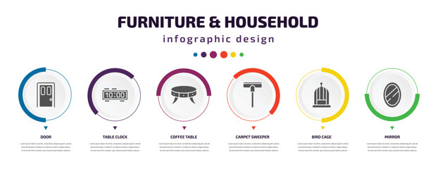 furniture & household infographic element with icons and 6 step or option. furniture & household icons such as door, table clock, coffee table, carpet sweeper, bird cage, mirror vector. can be used