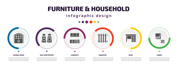 furniture & household infographic element with icons and 6 step or option. furniture & household icons such as double door, salt and pepper shakers, cabinets, radiator, desk, towel vector. can be