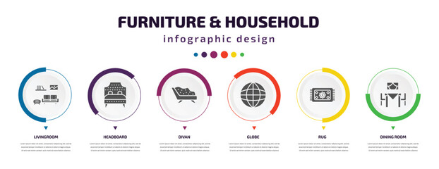 furniture & household infographic element with icons and 6 step or option. furniture & household icons such as livingroom, headboard, divan, globe, rug, dining room vector. can be used for banner,