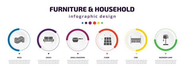 furniture & household infographic element with icons and 6 step or option. furniture & household icons such as rugs, couch, small saucepan, floor, crib, bedroom lamp vector. can be used for banner,