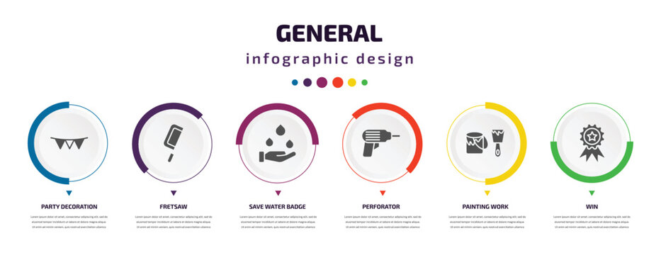 general infographic element with icons and 6 step or option. general icons such as party decoration, fretsaw, save water badge, perforator, painting work, win vector. can be used for banner, info