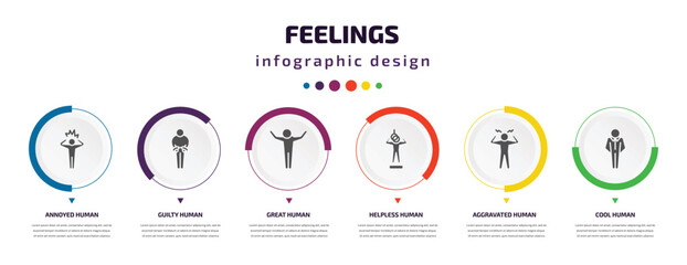 feelings infographic element with icons and 6 step or option. feelings icons such as annoyed human, guilty human, great human, helpless aggravated cool vector. can be used for banner, info graph,