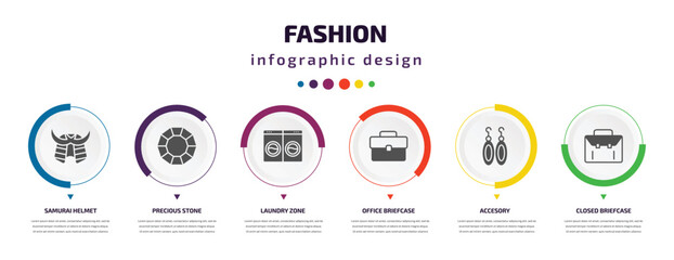 fashion infographic element with icons and 6 step or option. fashion icons such as samurai helmet, precious stone, laundry zone, office briefcase, accesory, closed briefcase vector. can be used for