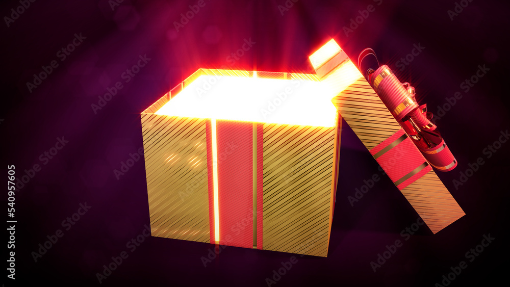 Poster opened golden and red present with light from inside - object 3d rendering