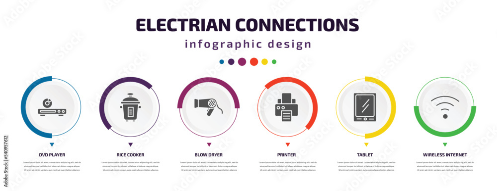 Poster electrian connections infographic element with icons and 6 step or option. electrian connections ico