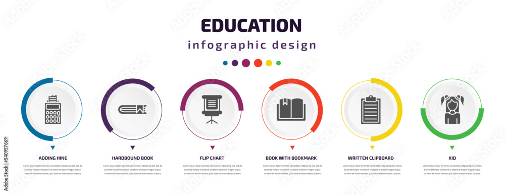 Poster education infographic element with icons and 6 step or option. education icons such as adding hine, 