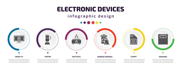 electronic devices infographic element with icons and 6 step or option. electronic devices icons such as smart tv, pertor, hot plate, garbage disposal, floppy, weighing vector. can be used for