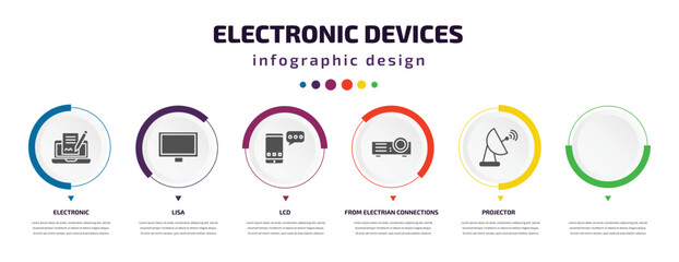 electronic devices infographic element with icons and 6 step or option. electronic devices icons such as electronic, lisa, lcd, from electrian connections collection. filled sms, communication,