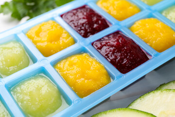 Different purees in ice cube tray and ingredients on table, closeup. Ready for freezing