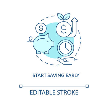 Start saving early turquoise concept icon. First home budget. Homebuying tip abstract idea thin line illustration. Isolated outline drawing. Editable stroke. Arial, Myriad Pro-Bold fonts used