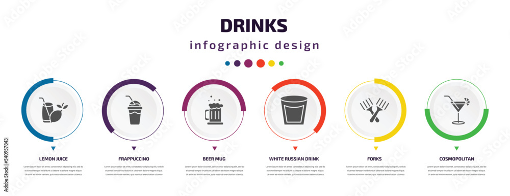 Poster drinks infographic element with icons and 6 step or option. drinks icons such as lemon juice, frappu