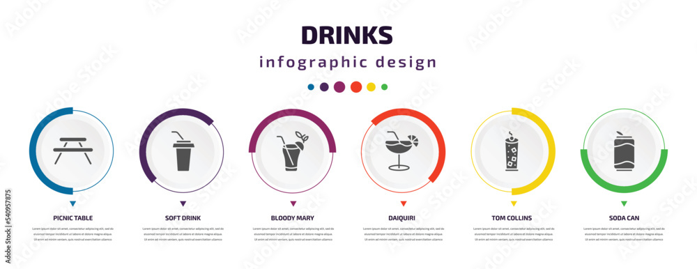 Poster drinks infographic element with icons and 6 step or option. drinks icons such as picnic table, soft 