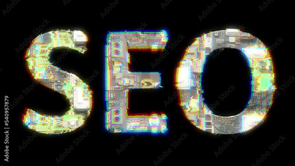 Poster glitch style cybernetic animated text seo on black bg, isolated - loop video