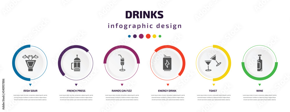 Poster drinks infographic element with icons and 6 step or option. drinks icons such as irish sour, french 