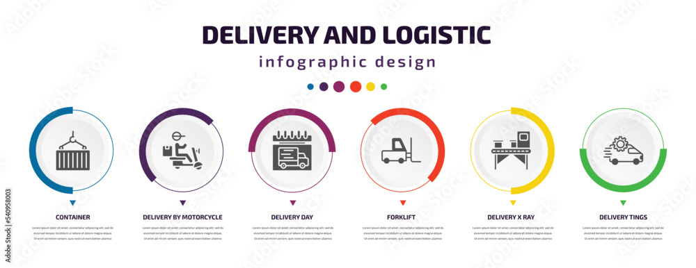 Poster delivery and logistic infographic element with icons and 6 step or option. delivery and logistic ico
