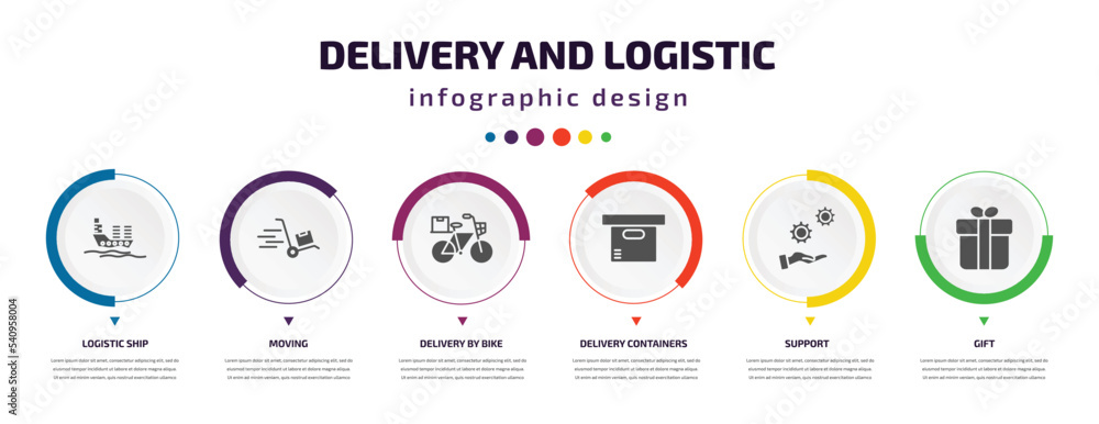Poster delivery and logistic infographic element with icons and 6 step or option. delivery and logistic ico