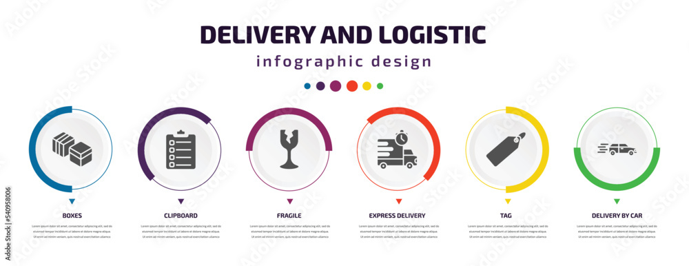 Poster delivery and logistic infographic element with icons and 6 step or option. delivery and logistic ico
