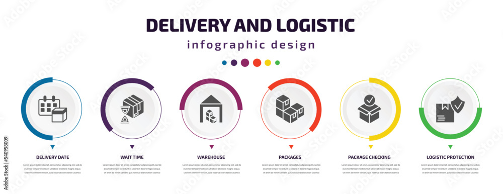 Poster delivery and logistic infographic element with icons and 6 step or option. delivery and logistic ico